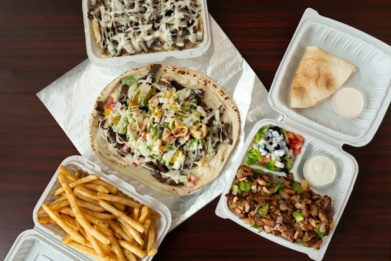 Halal donair and poutine meals with fries and dips ready to serve at DJ Donair & Poutine in Ellerslie, Edmonton