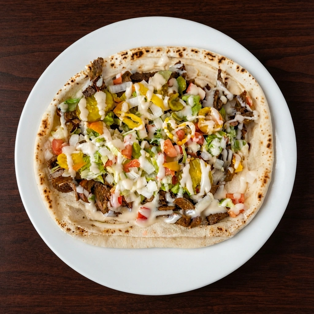 Halal beef donair wrap cut in half with seasoned potatoes and house dipping sauce at DJ Donair & Poutine in Ellerslie, Edmonton