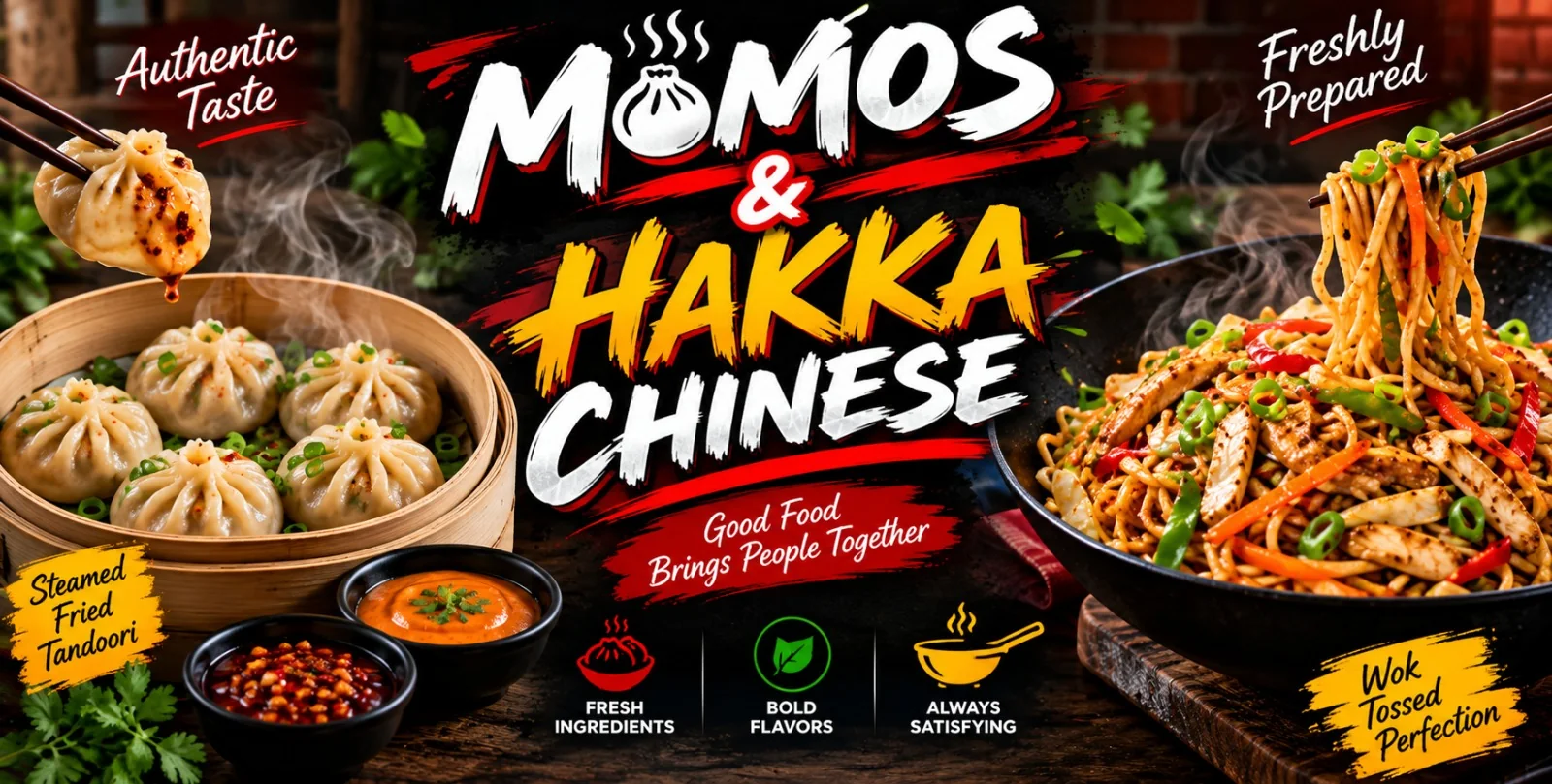 Momos and Hakka Chinese banner - steamed momos with chilli and schezwan dips beside a wok of Hakka noodles - Everest Momos & Hakka Chinese | DJ Donair & Poutine, Edmonton