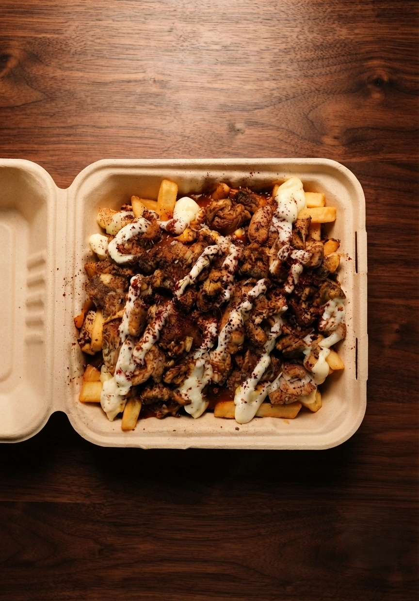 Halal chicken shawarma poutine with seasoned fries, cheese and garlic sauce boxed for takeout at DJ Donair & Poutine, Ellerslie Rd SW Edmonton