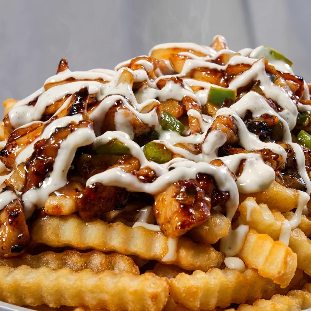 Classic donair poutine with crispy fries, cheese, gravy and halal donair meat at DJ Donair & Poutine Edmonton